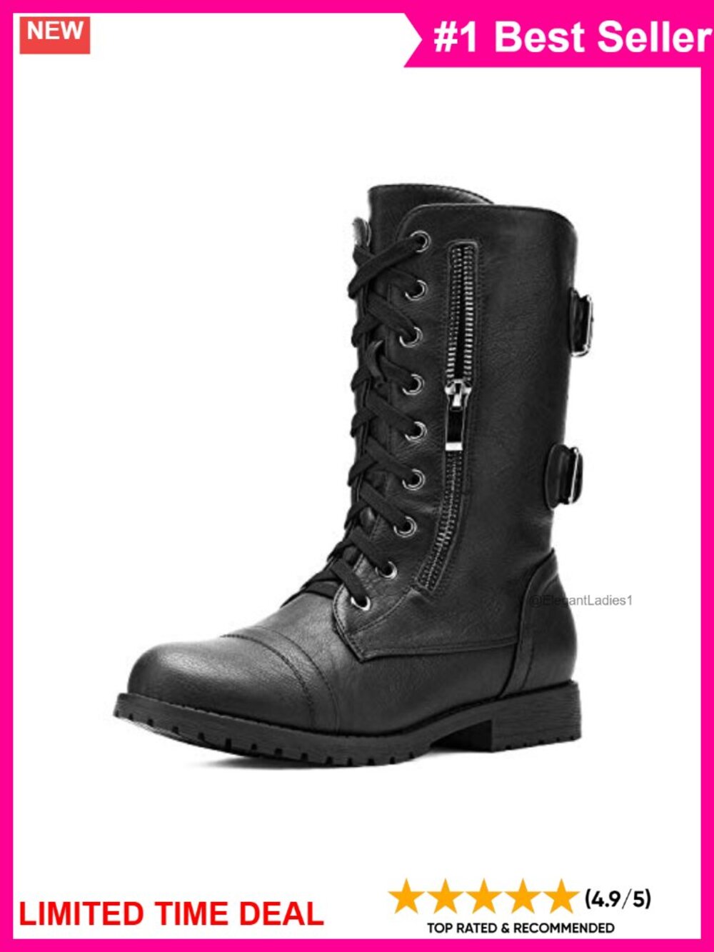 Mid-Calf Combat Boots with Built-in Wallet Pocket and Side Zipper